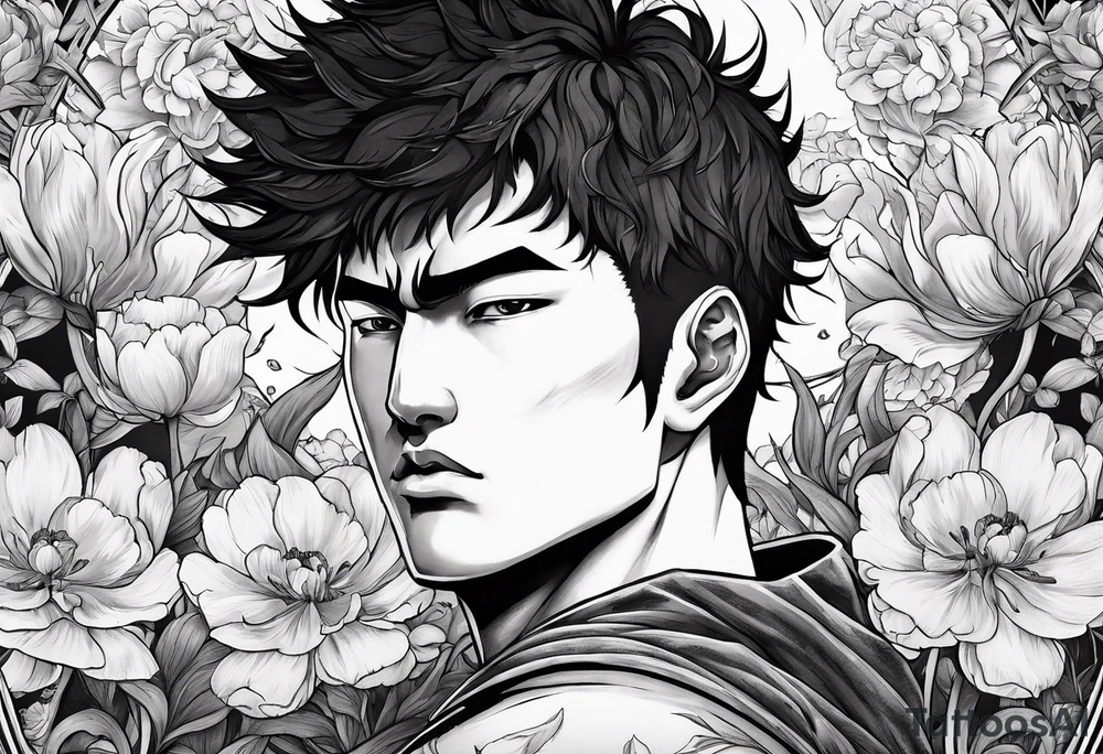 close up of ther face a berserk theme tattoo of guts with his sword on a land of flowers - tulips and peonys tattoo idea