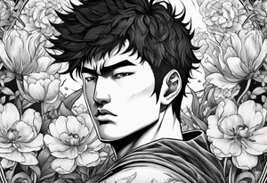 close up of ther face a berserk theme tattoo of guts with his sword on a land of flowers - tulips and peonys tattoo idea