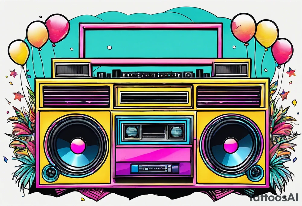 1980's style big boom box mith confetti, balloons and music notes against miami vice style beach background tattoo idea