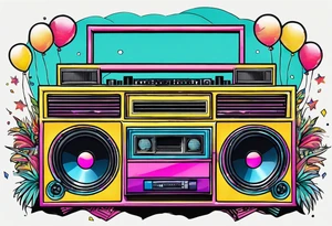 1980's style big boom box mith confetti, balloons and music notes against miami vice style beach background tattoo idea