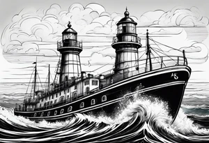 phare maritime dans un bateau a voiles vu du devant. tattoo idea