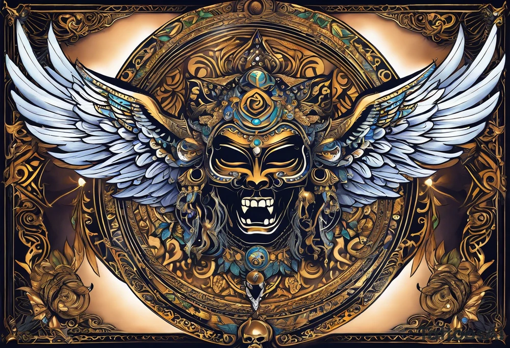 black kali, goddess pirate, alien, angel, pachamama, valkrye, warrior, flying, skull, lotus azul, wing, eagle, zenza resonance, stars, 5D, anahata chakra, death, durga, riding on a tiger, flying lady tattoo idea