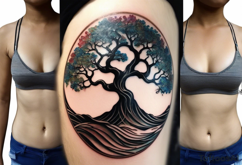 an abstract Tree of Life tattoo. It should have roots growing out of the bottom. The roots slowly turn into water from the Great Wave by Hokusai. A golf flag should be placed discreetly growing out of the ground. 2 license plate tags should be hanging from the tree. Place a few music notes in the areas the leaves should be. The letters A U should be engraved into the tree trunk in a heart. tattoo idea