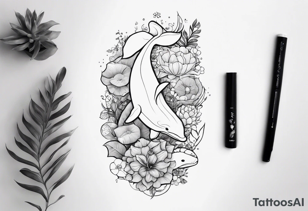 floral leg sleeve with stingray, dolphin, turtle,whale,fish, manatee tattoo idea