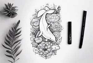 floral leg sleeve with stingray, dolphin, turtle,whale,fish, manatee tattoo idea
