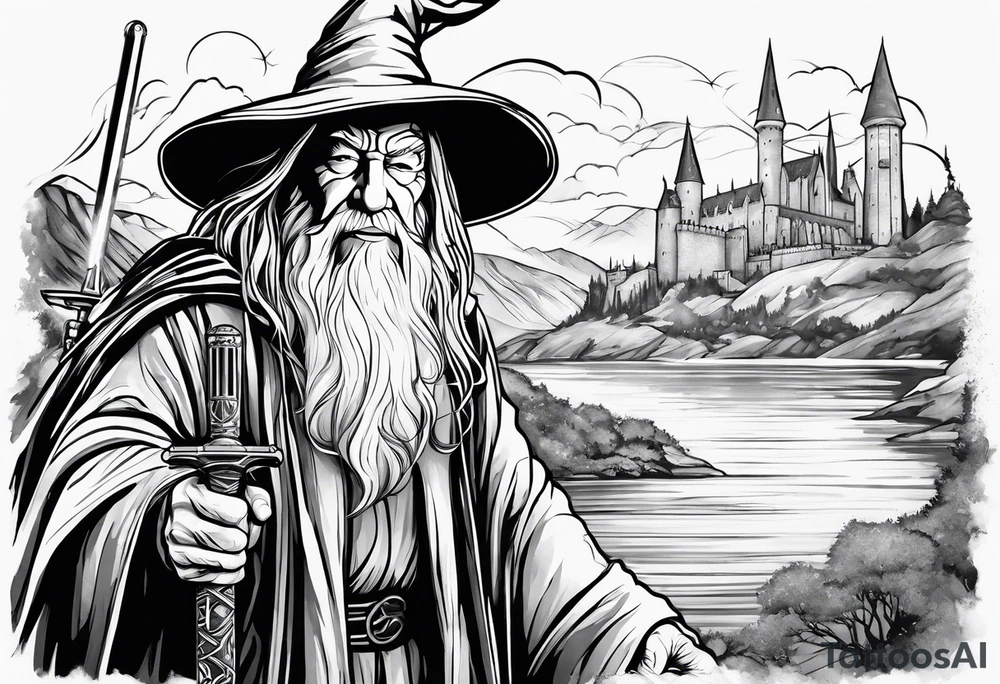 Gandalf wielding lightsaber, hogwarts in background. tattoo idea