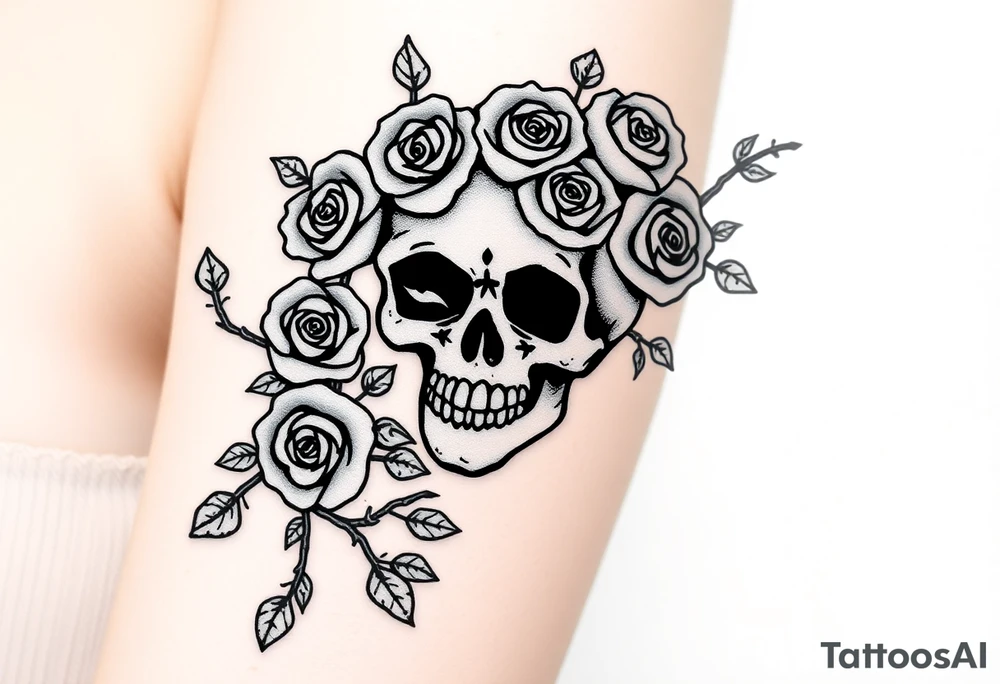 gothic skull intertwined with climbing roses and thorny vines tattoo idea