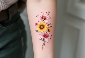 stargazer lillies in pink and white with small sunflowers and poppies in a dainty wildflower bouquet with stems tattoo idea