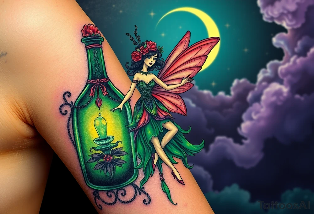 Tim Burton’s pin up style Vintage Parisian elegant and hauntingly beautiful yet eerie full body absinthe Green Fairy dances outside her victorian crystal decatur she was once inside this elaborate ornate bottle absinthe bottle Absinthe Art Nouveau   and dripping with muted reds, dusty pinks, and eerie green glow.purple and cyan smokey clouds swirl in the crescent moonlit sky thats sprinkled with stars tattoo idea