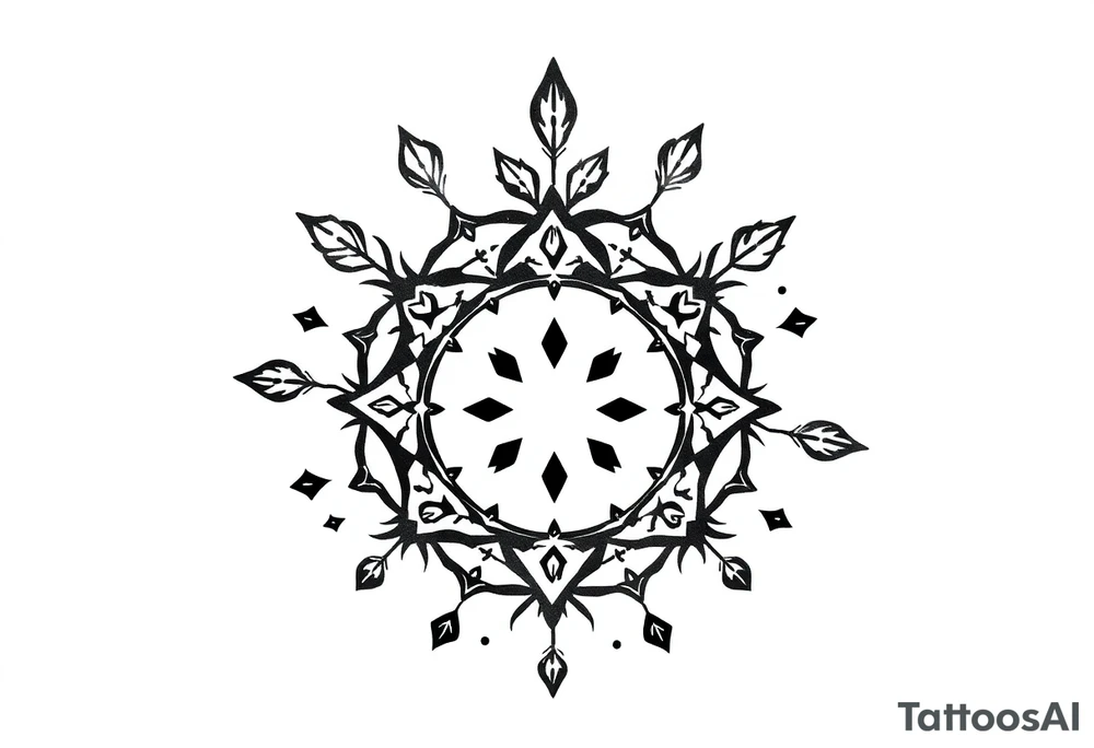 a round floral pattern containing symbols and icons for christmas, winter, mistletoe, oklive branches tattoo idea