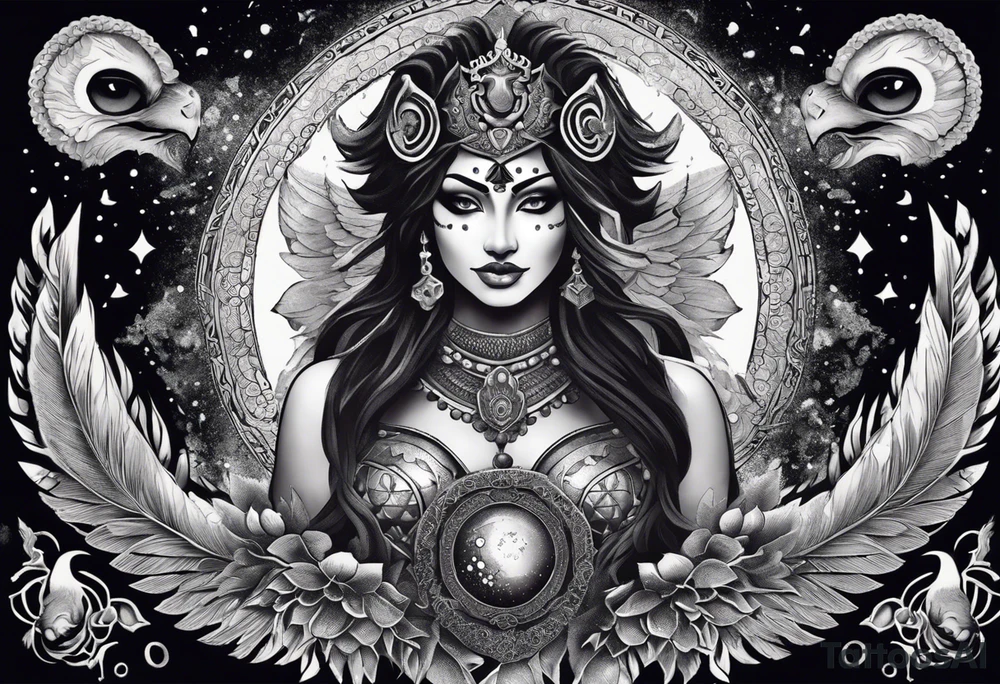 black kali, goddess pirate, alien, angel, pachamama, valkrye, warrior, flying, skull, lotus azul, wing, eagle, zenza resonance, stars, 5D, anahata chakra, death, durga, riding on a tiger, flying lady, kundalini, chest tatoo, samuri, rebel,serpent tattoo idea