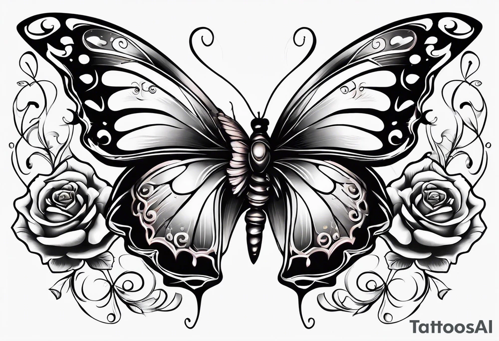 Butterfly flying with roses & filligree tattoo idea Butterfly flying with roses & filligree tattoo idea
