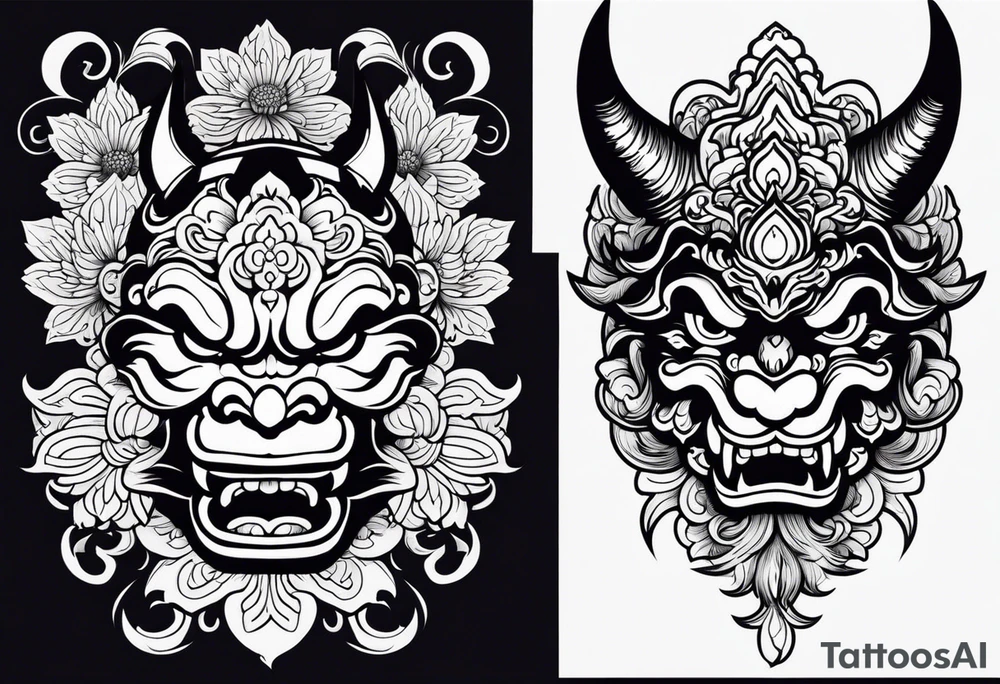 I want to combine japanese and ornamental styles. I want to have a full sleeve tattoo. i want a japanese oni mask in the top, japanese Chrysanthemum Flower in the bottom and fill the rest with ornamental tattoo tattoo idea