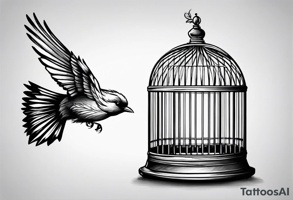A simple bird cage with the door open with a bird flying out tattoo idea