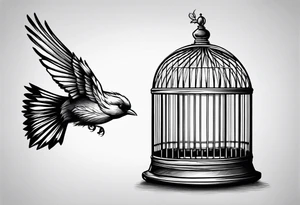 A simple bird cage with the door open with a bird flying out tattoo idea