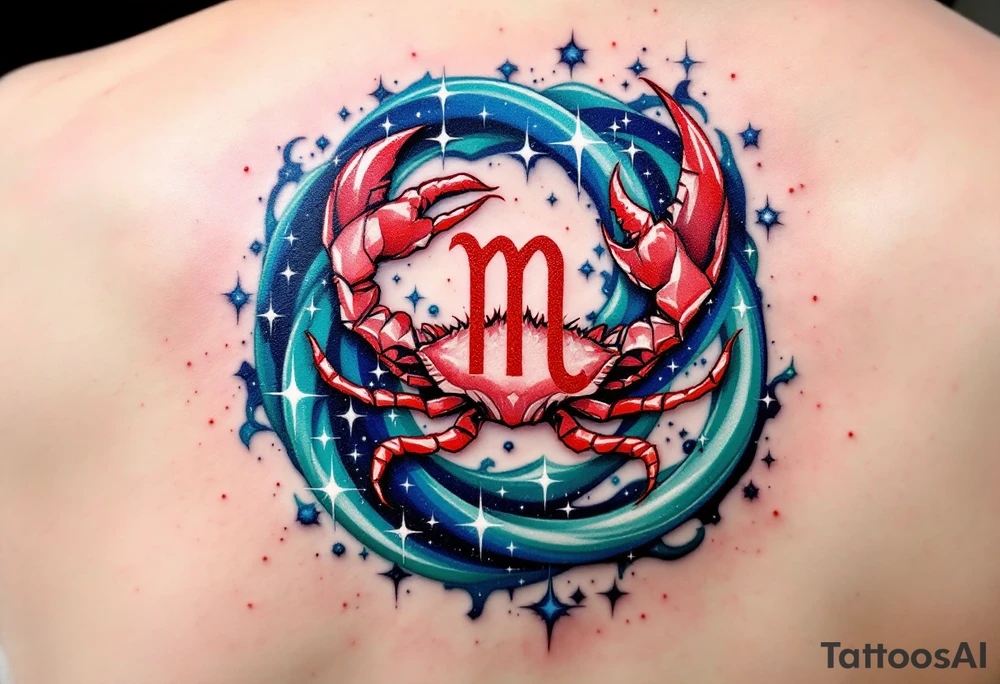 The Cancer zodiac sign in bold red sits at the heart of a swirling indigo and emerald star constellation. tattoo idea