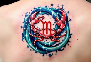 The Cancer zodiac sign in bold red sits at the heart of a swirling indigo and emerald star constellation. tattoo idea