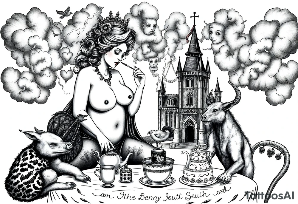 Storm lightening clouds gothic sexy naked fat lady having a tea party with tea pot and medieval castle
with a pig, peacock, noose, lion, goat, smoking cigerettes looking in the mirror having sex with a man naked eating a cake thru storm clouds with razor blades and broken hearts and darkness and wrath, envy , gluttony, greed, sloth, pride kill tattoo idea