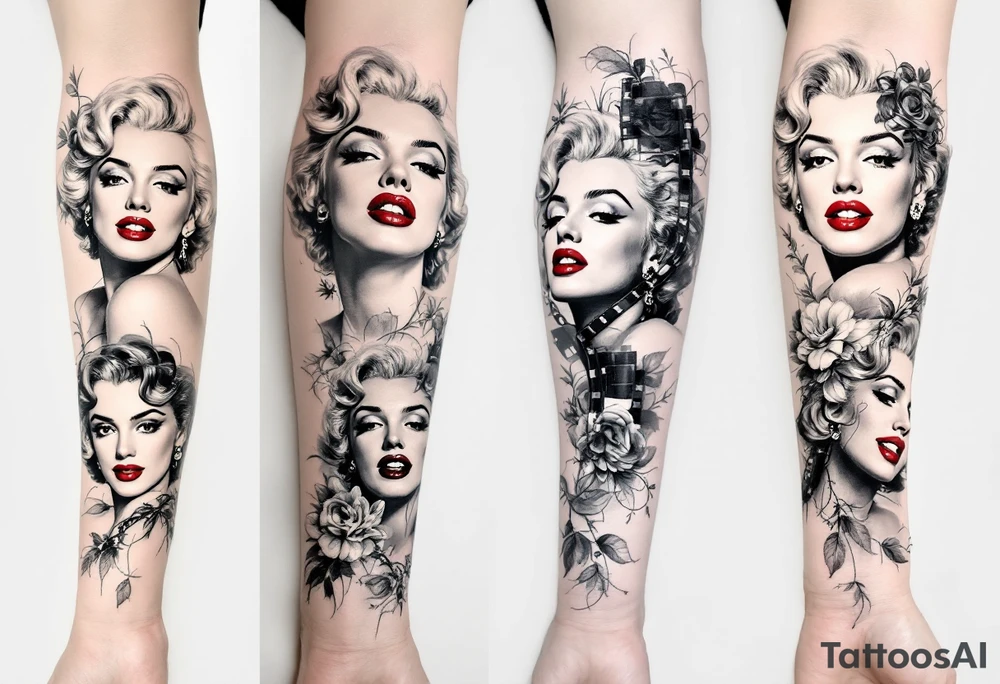 A filmstrip tattoo with several Marilyn Monroe expressions in black and grey with one red-lipped close-up. tattoo idea