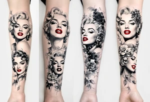 A filmstrip tattoo with several Marilyn Monroe expressions in black and grey with one red-lipped close-up. tattoo idea