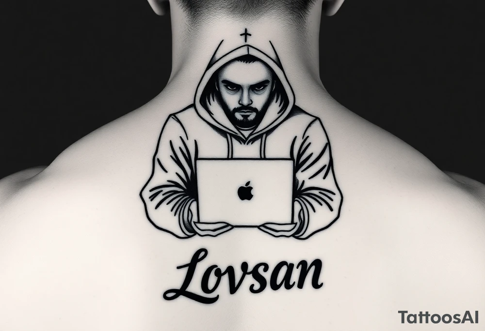 Create a Image of Guy in a hoodie with laptop, like hacking, can you Make IT small so IT fits IT leg, ADD some like Matrix text that says Lovsan. tattoo idea