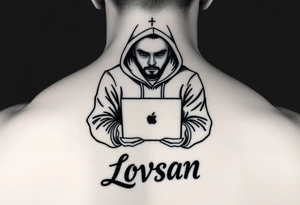 Create a Image of Guy in a hoodie with laptop, like hacking, can you Make IT small so IT fits IT leg, ADD some like Matrix text that says Lovsan. tattoo idea