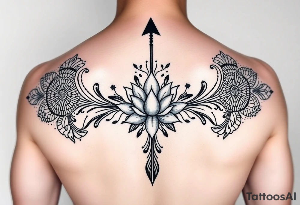 spine tattoo design with symmetrical ornamental patterns, combining dotwork, mandala elements, and flowing lines that follow the natural curves of the body with tribal-inspired lower back tattoo with sweeping symmetrical curves, bold linework, and soft floral accents, creating a feminine yet powerful aesthetic. The design is intricate and balanced. to cover up a dark arrow with lotus flower in middle tattoo idea