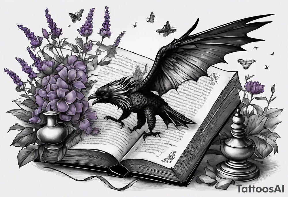 an open book. Above the book, a small dragon, flies. a pawn chess piece.  On the left corner of the book, a little raven. Below the book, a cluster of lavender flowers, with a bumblebee tattoo idea