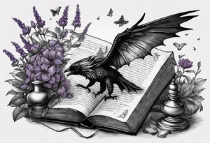 an open book. Above the book, a small dragon, flies. a pawn chess piece.  On the left corner of the book, a little raven. Below the book, a cluster of lavender flowers, with a bumblebee tattoo idea