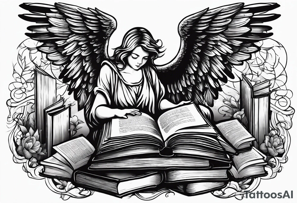 Angel kneeling next to open stack of books with bird silhouettes flying out of the book. tattoo idea