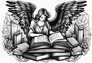 Angel kneeling next to open stack of books with bird silhouettes flying out of the book. tattoo idea