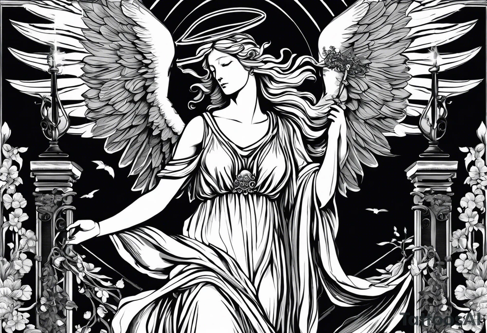 "Imagine the goddess Justitia, depicted in a striking black and white tattoo style. She stands tall, her body fully draped in flowing linens that cascade elegantly. Her blonde hair completely covers her face, adding an air of mystery. Justitia has two large wings: one is angelic and pristine white, stretched out majestically, while the other is bent, dark, and tattered, symbolizing the duality of justice. In her hands, she holds a balanced scale, emphasizing her role as the arbiter of fairness. A flowing banderole wraps around her body, inscribed with the expression 'MEMENTO VIVERE'. The overall composition is intricate and evocative, capturing the essence of justice with detailed line work and shading that enhances the tattoo style. The contrast between light and dark elements is highlighted, with her body abstract and blending seamlessly into the background. The background features subtle, swirling patterns that add depth and complexity to the design." tattoo idea