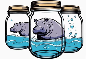 Hippo floating in a Mason jar filled with water tattoo idea