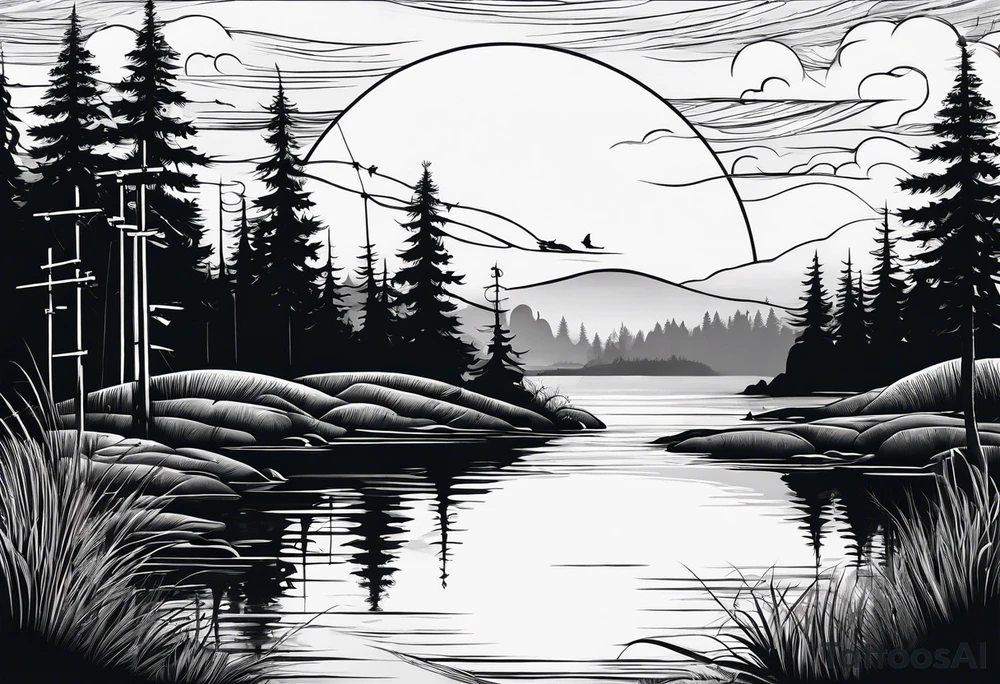 silhouette of landscape and fishingpole and line tattoo idea