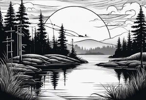 silhouette of landscape and fishingpole and line tattoo idea