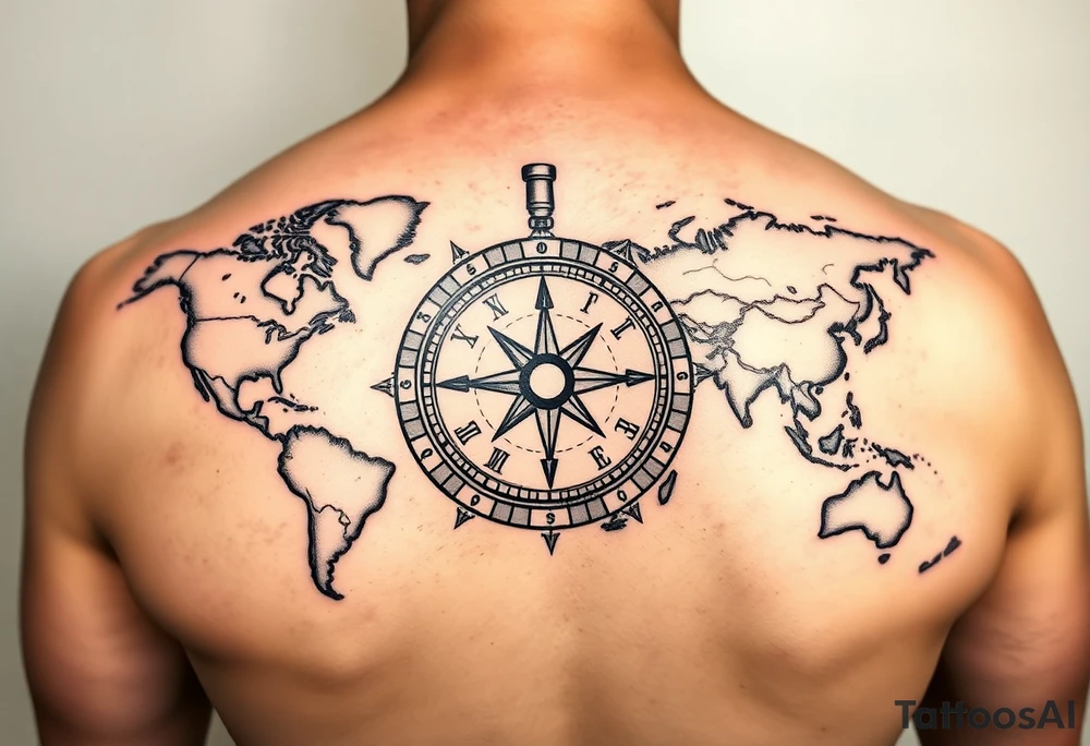 antique compass overlaid on weathered world map with Queen Anne's Revenge tattoo idea