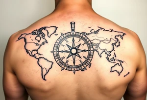 antique compass overlaid on weathered world map with Queen Anne's Revenge tattoo idea