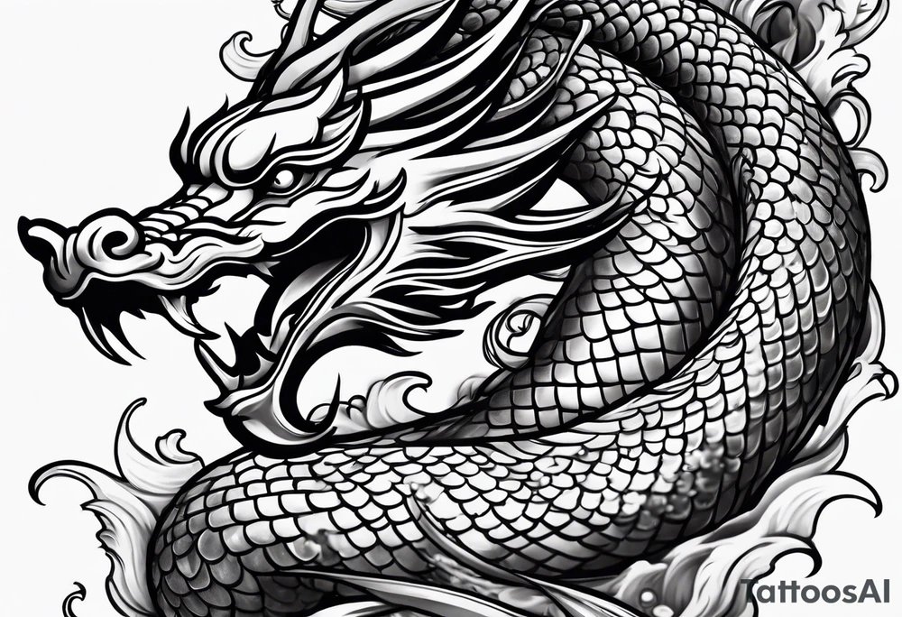 Chinese dragon, koi, water, black, shoulder tattoo idea