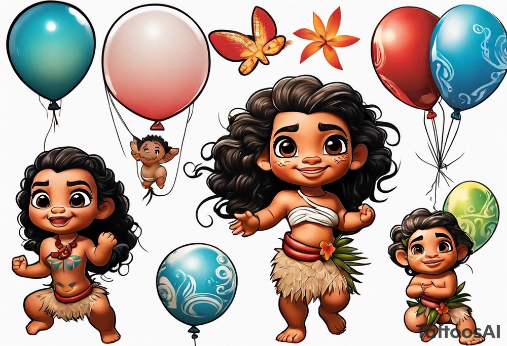 baby moana reaching balloons tattoo idea