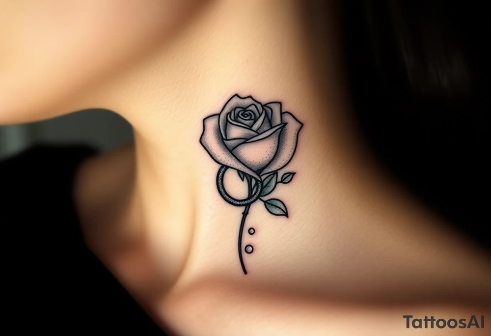 A minimalist blooming rose wrapped around a two wedding rings, with dewdrops reflecting light tattoo idea