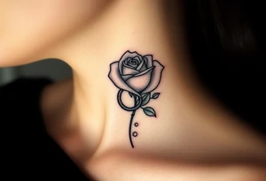 A minimalist blooming rose wrapped around a two wedding rings, with dewdrops reflecting light tattoo idea