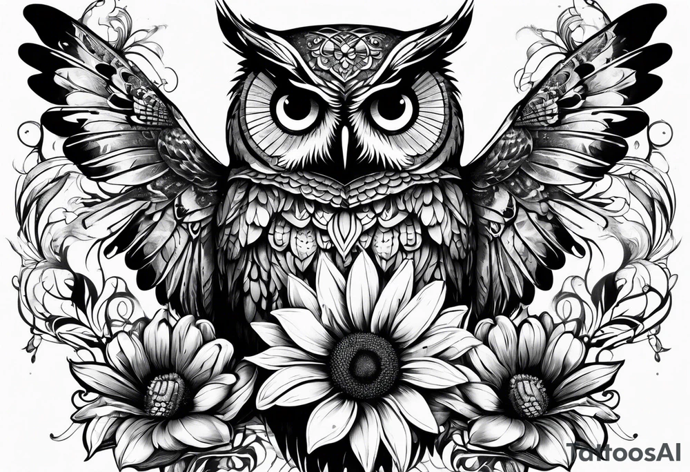 Owl, sunflower and butterfly tattoo idea