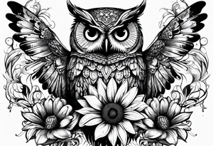 Owl, sunflower and butterfly tattoo idea