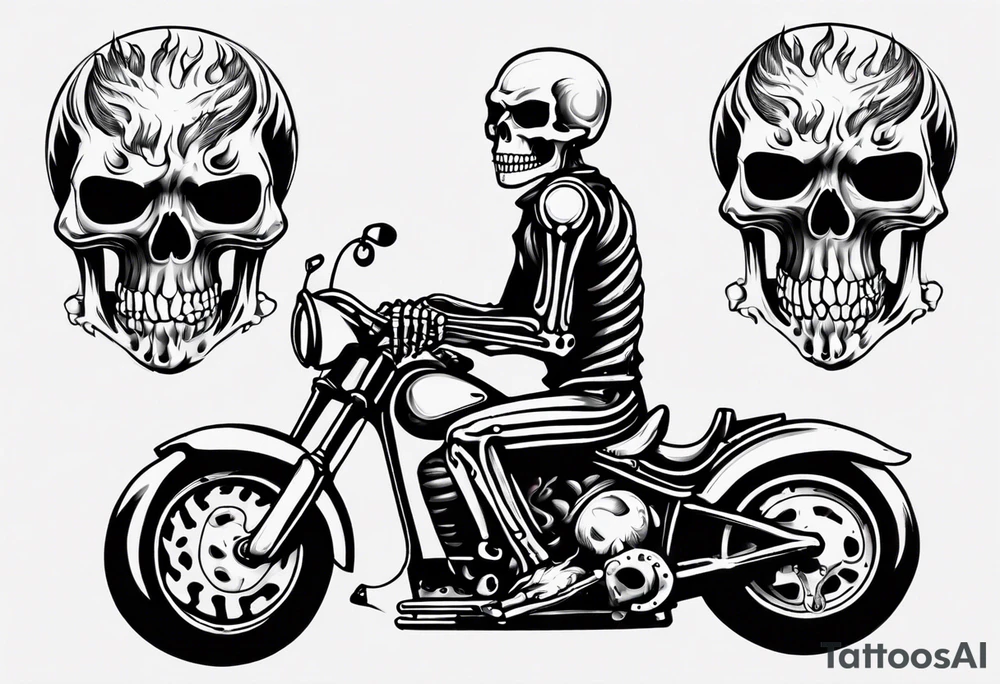 A skeleton riding a motorcycle with flames front view tattoo idea A skeleton riding a motorcycle with flames front view tattoo idea