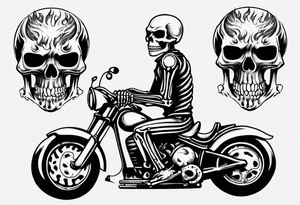 A skeleton riding a motorcycle with flames front view tattoo idea
