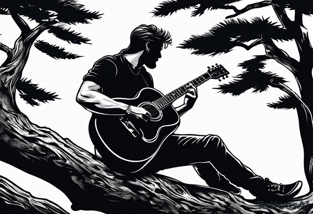silhouette of a man sitting on a pine tree branch, playing electric guitar tattoo idea