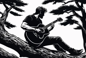 silhouette of a man sitting on a pine tree branch, playing electric guitar tattoo idea