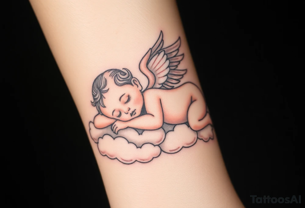 Sleeping Winged baby, laying on the clouds tattoo idea