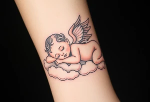 Sleeping Winged baby, laying on the clouds tattoo idea