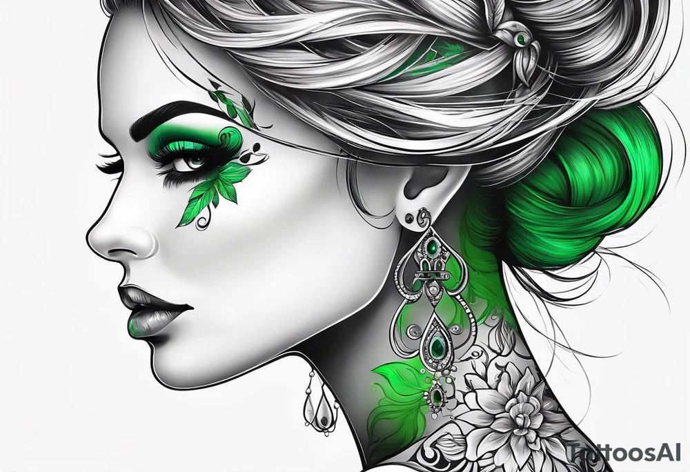 Woman’s scull profile with green eyes. tattoo idea